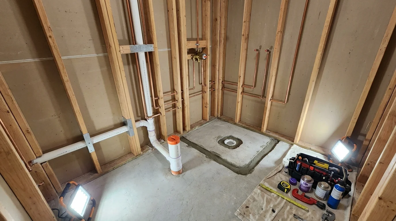Bathroom rough-in plumbing during remodel by Johns Plumbing LLC in Shelbyville