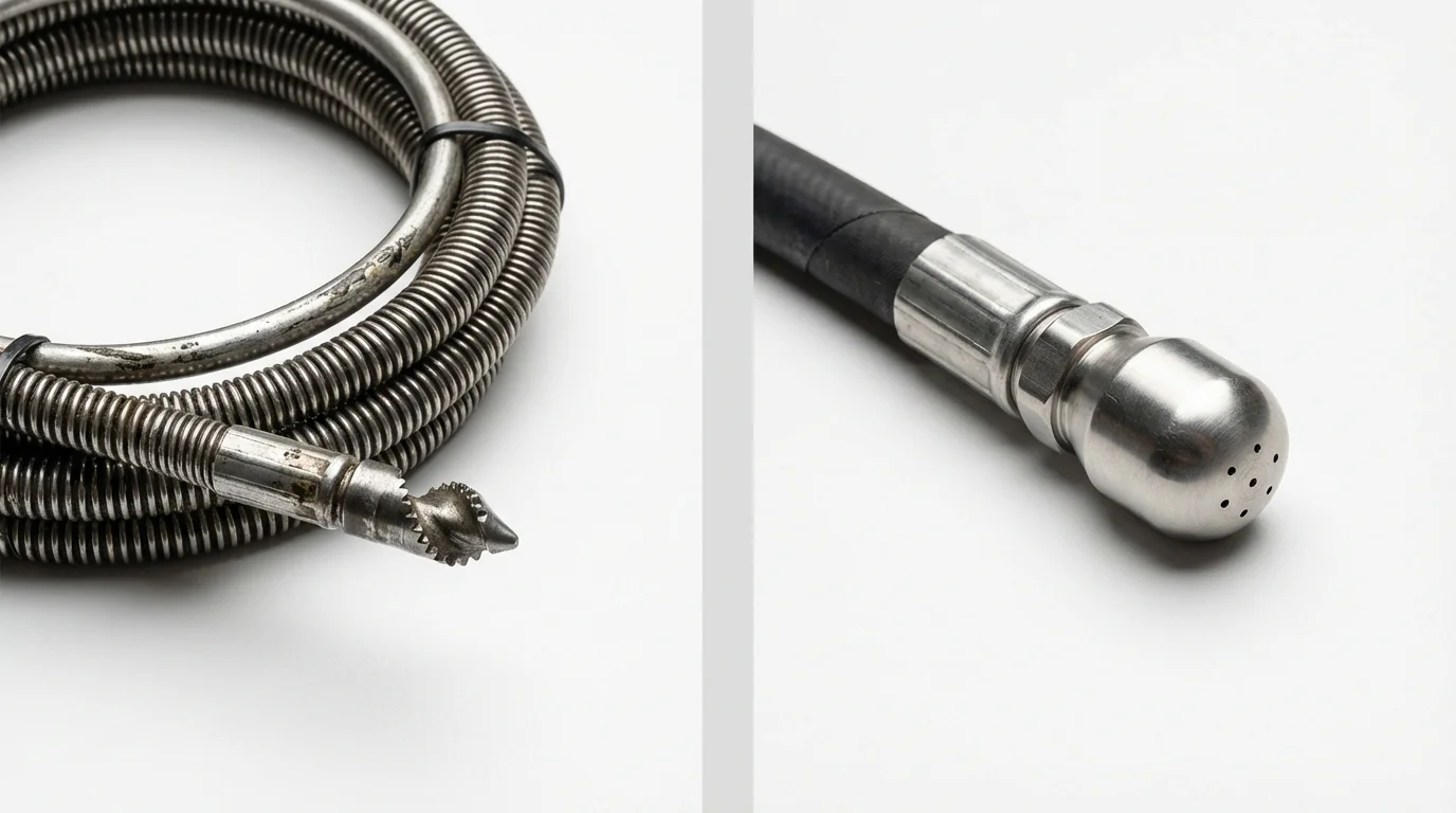 Drain snake cable and hydro jetting nozzle used for drain cleaning in Shelbyville, IN