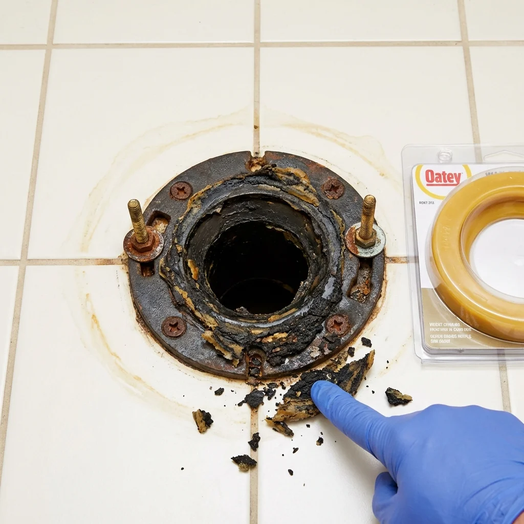 Failed wax ring showing water seepage at the base of a toilet in a Shelbyville, IN home