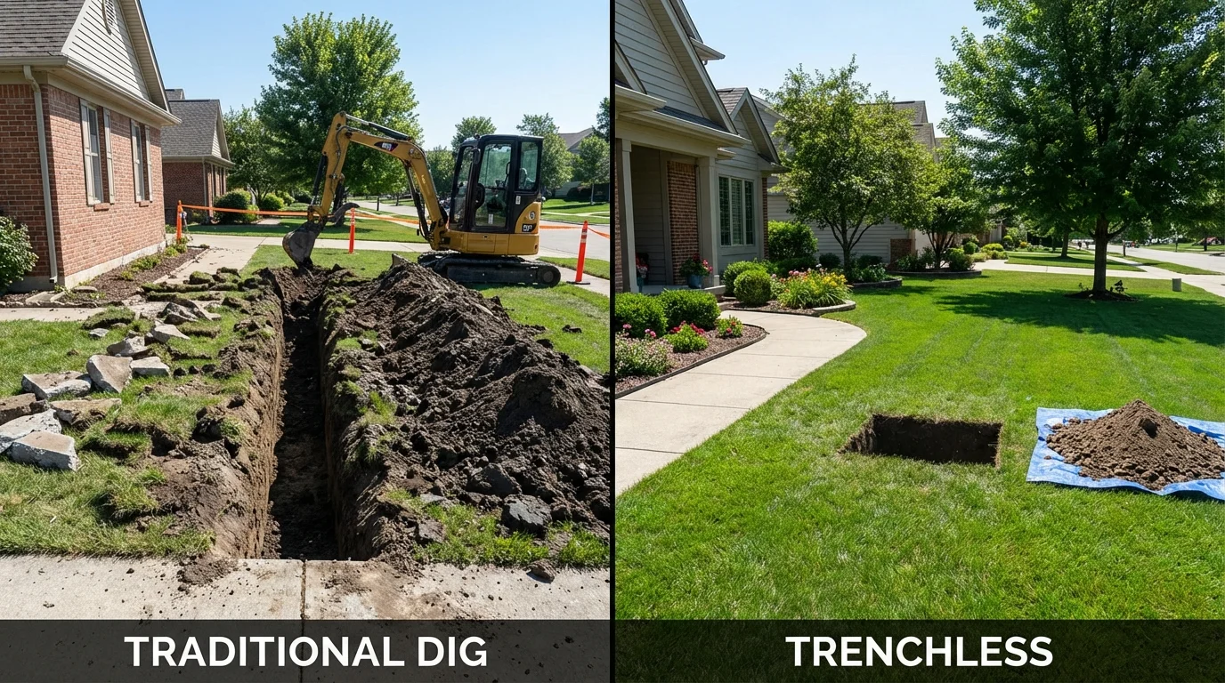 Trenchless sewer repair with minimal yard damage versus traditional excavation in Shelbyville, IN