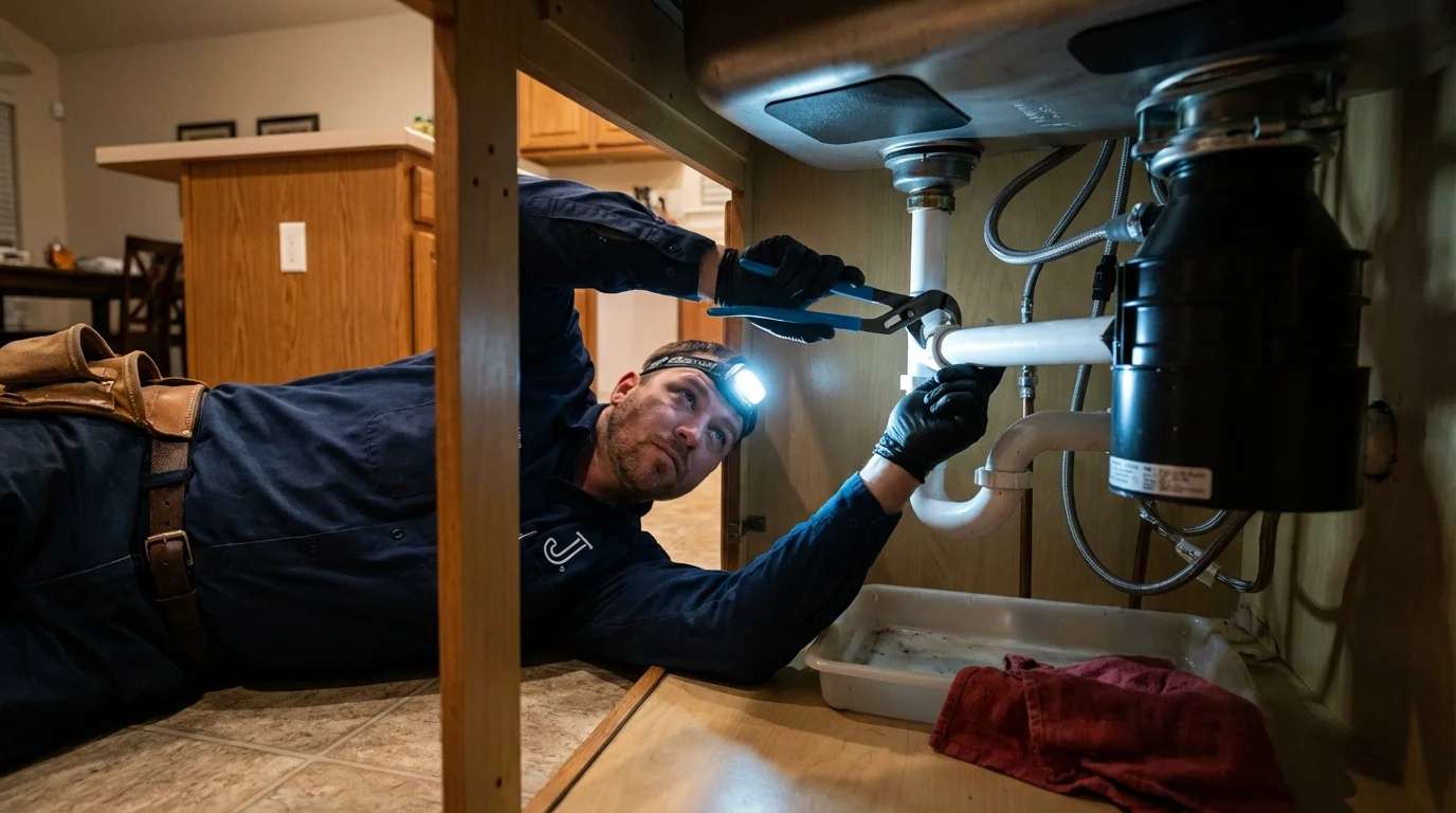 P-trap and supply line connections under a kitchen sink showing a common leak point in Shelbyville, IN